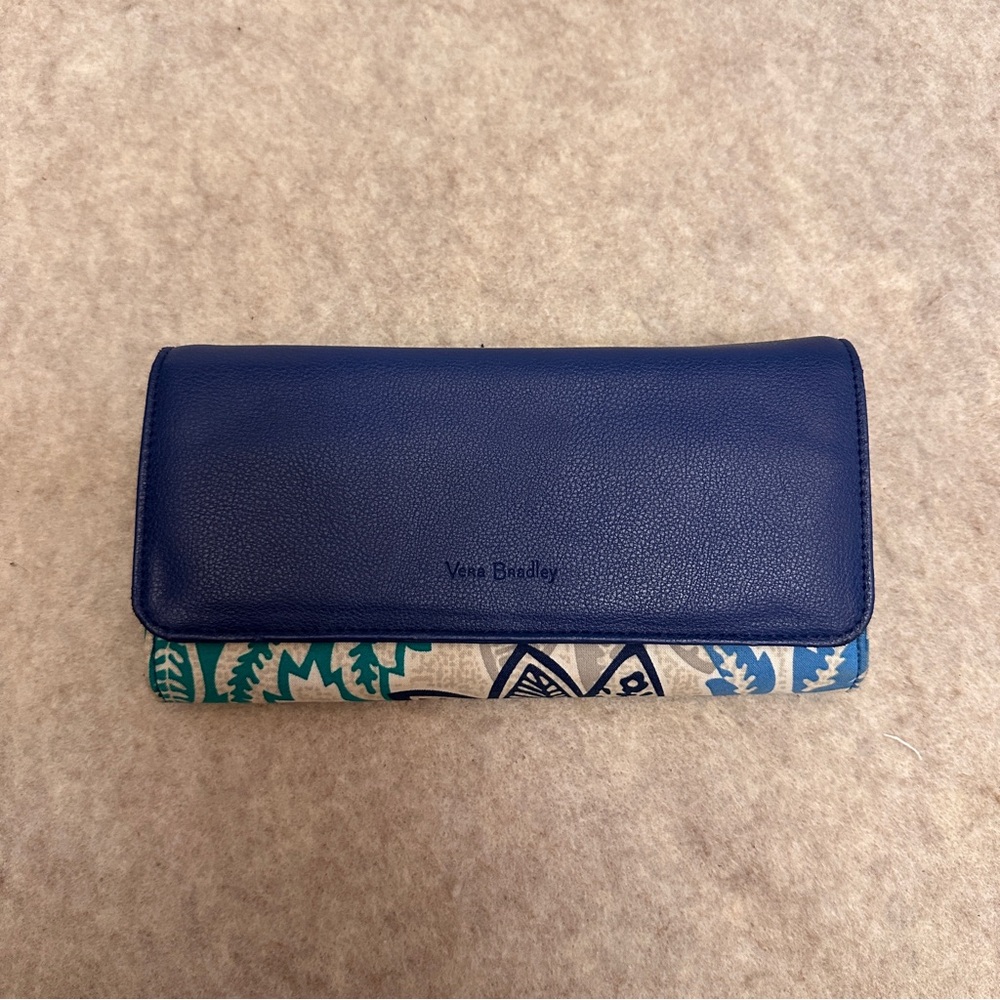 Vera Bradley Blue Leather Floral Fabric Long Accordion Snap Wallet - Picture 5 of 15